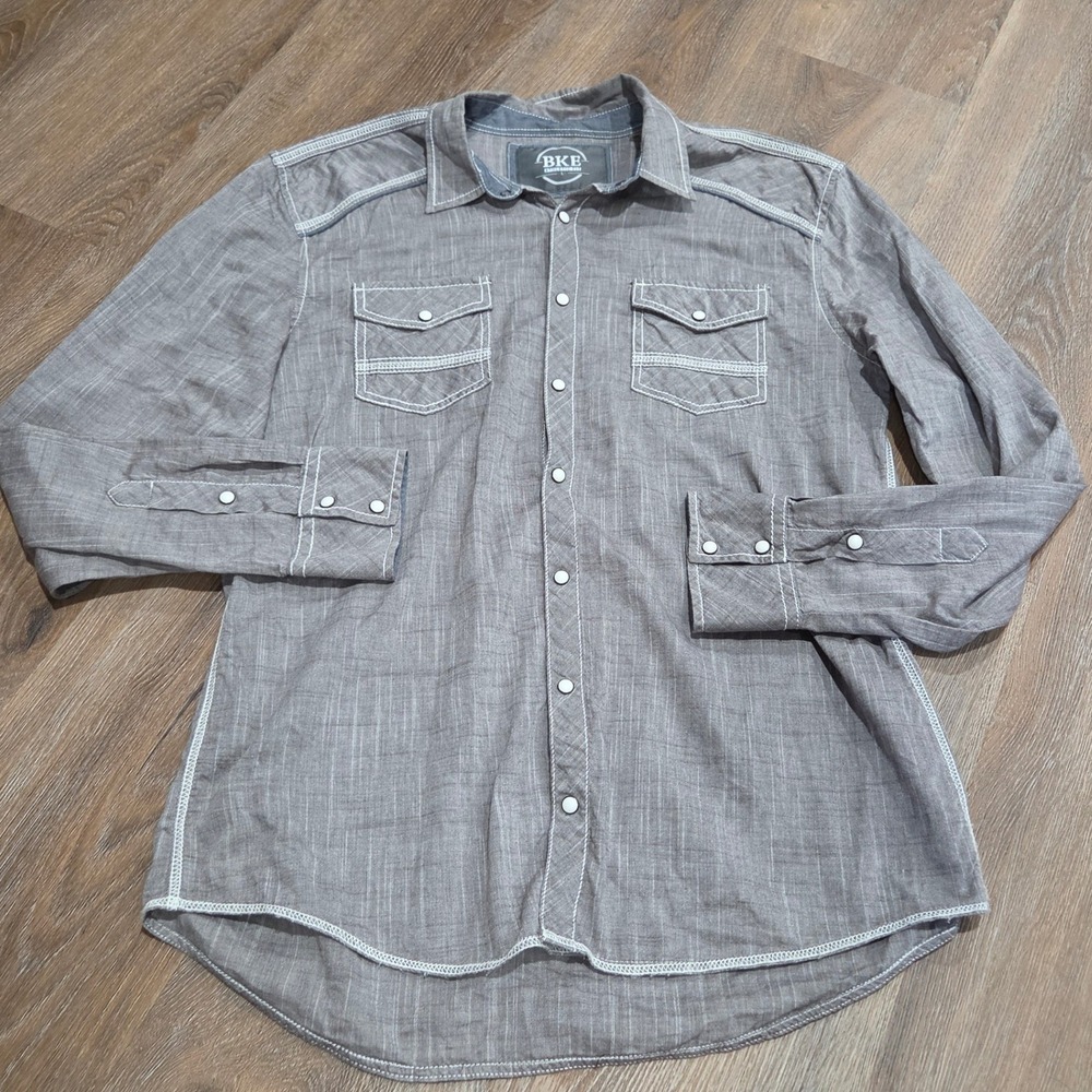 BKE Athletic Fit Mens Gray Western Pearl Snap Long Sleeve Shirt Large 11373FPW
